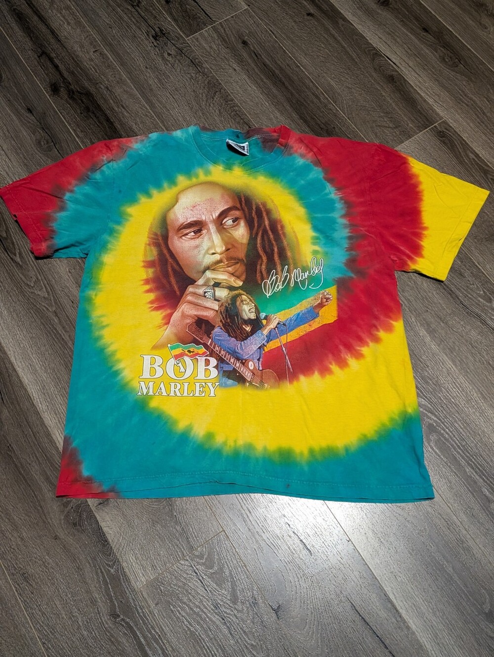 The Roxx. Bob Marley Tie-Dye Graphic Tee - Red, Yellow, Teal 2X. Cotton.
